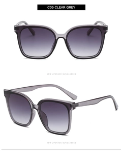 Detailansicht der großen Sonnenbrille in Transparentgrau mit violetten Verlaufsgläsern