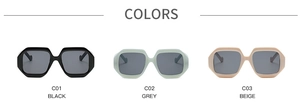 Tre varianti di colore di occhiali da sole retrò quadrati in nero, grigio e beige