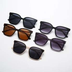 Fünf trendige Oversized-Retro-Sonnenbrillen in verschiedenen Farben auf weißem Grund