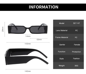 Detailed size specifications for vintage small square punk sunglasses in PC material