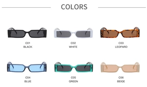 Detailed grid of rectangle retro sunglasses in six colors including black and leopard