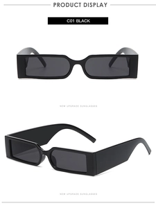 Detailed views of vintage black square sunglasses featuring thick temples and a sleek finish