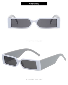 Close-up of retro rectangular sunglasses in white with light grey wide temples