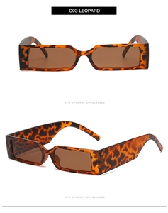 Detail view of Leopard C03 rectangle sunglasses with dark brown lenses and wide retro frames