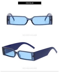 Detail view of rectangular blue sunglasses with glossy frames and light blue lenses