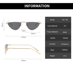 Detailed size chart of cat eye sunglasses with gold metal frame and dark lenses