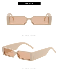 Front and 45-degree side view of retro beige rectangular sunglasses with orange tinted lenses