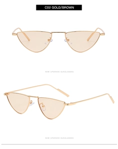 Front and side detail of triangle cat eye sunglasses with gold frames and brown lenses