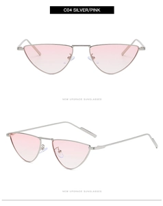 Detail view of silver metal cat-eye sunglasses with pink gradient lenses and nose pads