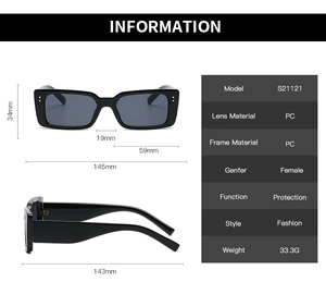 Detailed size chart for retro rectangular sunglasses with frame and lens dimensions