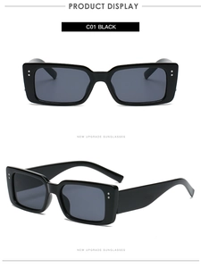 Detail showing front and 45-degree angle of black square sunglasses with silver rivets