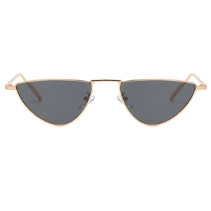 Minimalist metallic small frame triangular cat eye sunglasses with dark grey lenses