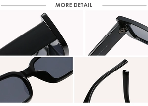 Detail view of square sunglasses with metal hinges and internal frame specifications
