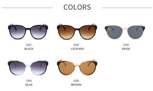 Five color variations of oversized round sunglasses including black leopard and blue