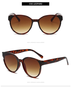 Front and side view of leopard tortoiseshell cat-eye sunglasses with brown gradient lenses