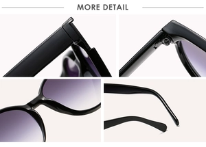 Close-up of black frame hinges and purple gradient lenses on oversized sunglasses