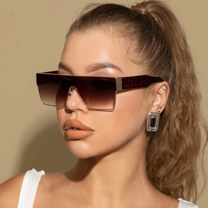 Détail de lunettes de soleil carrées oversize avec branches léopard et verres dégradés