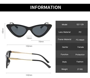Detailed size chart and technical specifications for cat eye sunglasses model S21129