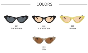 Cat eye sunglasses in black, brown, yellow and grey frames with color variant details