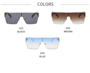Détail de lunettes de soleil carrées oversize avec verres monobloc et monture fine