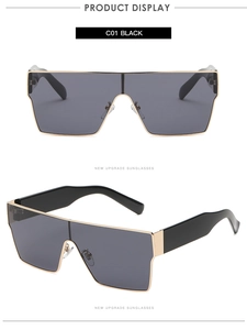 Détails de la monture carrée et des branches en métal doré de ces lunettes de soleil noires