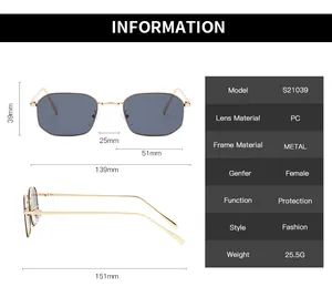 Size chart showing lens height 39mm and width 51mm for polygon metal fashion sunglasses