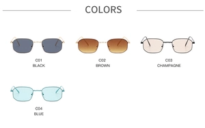 Polygonal sunglasses display in black, brown, champagne and blue metal frames