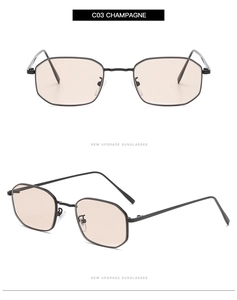 Detailed view of polygon metal sunglasses with champagne lenses and slim black frames