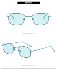 Front and side view of slim metal polygon sunglasses with light blue lenses