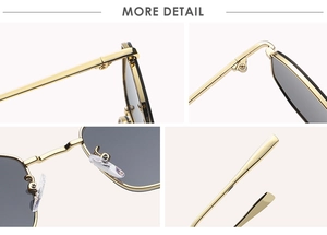 Detailed close-up showing golden metal frames and gray lenses of polygon sunglasses