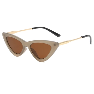 Retro cat-eye sunglasses with translucent taupe frames and golden metal temples