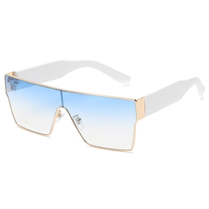 Lunettes de soleil carrées dorées avec verres dégradés bleus et branches blanches