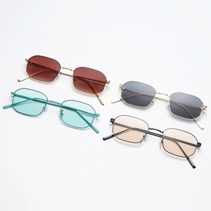Retro polygon narrow metal sunglasses in various lens colors with minimalist design