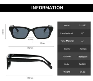 Detailed size chart for square frame sunglasses with frame width and lens height dimensions