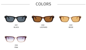 Detailed comparison of four color variants including black, leopard, beige, and pink frames