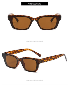 Detail view of square leopard print sunglasses with brown lenses and retro acetate frame