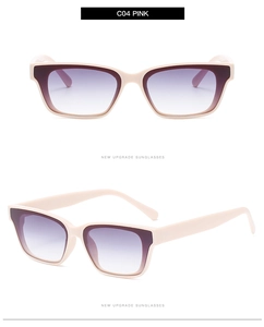 Detail view of square cream sunglasses with purple gradient lenses from two angles