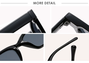 Detailed macro view of black square sunglasses showing metal hinges and sturdy nose pads