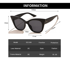 Detailed size specifications and dimensions for these trendy cat eye sunglasses