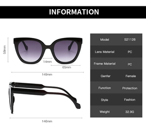 Detailed technical diagram showing large cat eye sunglasses dimensions and S21126 specifications