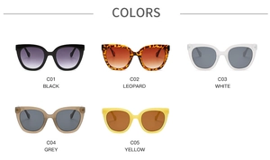 Collection of cat-eye sunglasses in black, leopard, white, grey and yellow finishes