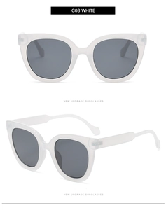 Detailed front and side views of translucent white cat eye sunglasses with grey lenses