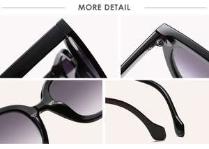 Detailed close-up of premium metal hinges and gradient purple lenses on black sunglasses