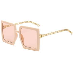 Lunettes de soleil carrées oversize avec monture beige et branches en chaîne dorée