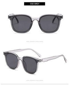 Trendige graue ovale Sonnenbrille mit transparentem Rahmen in verschiedenen Blickwinkeln