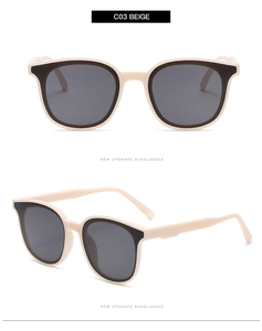 Vorderansicht und 45-Grad-Seitenansicht der beige-schwarzen ovalen Sonnenbrille