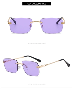 Vue détaillée des lunettes de soleil rectangulaires sans monture avec verres violets et branches dorées