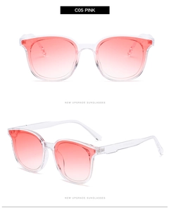 Detailaufnahme der ovalen Sonnenbrille C05 PINK mit transparentem Rahmen und rosa Gläsern