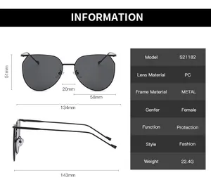 Detailed size chart for S21182 metal oval sunglasses with full physical dimensions