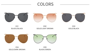 Detailed grid of metal oval sunglasses in five colors including black and gold finishes